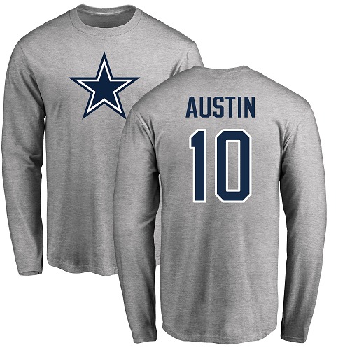 Men Dallas Cowboys Ash Tavon Austin Name and Number Logo #10 Long Sleeve Nike NFL T Shirt